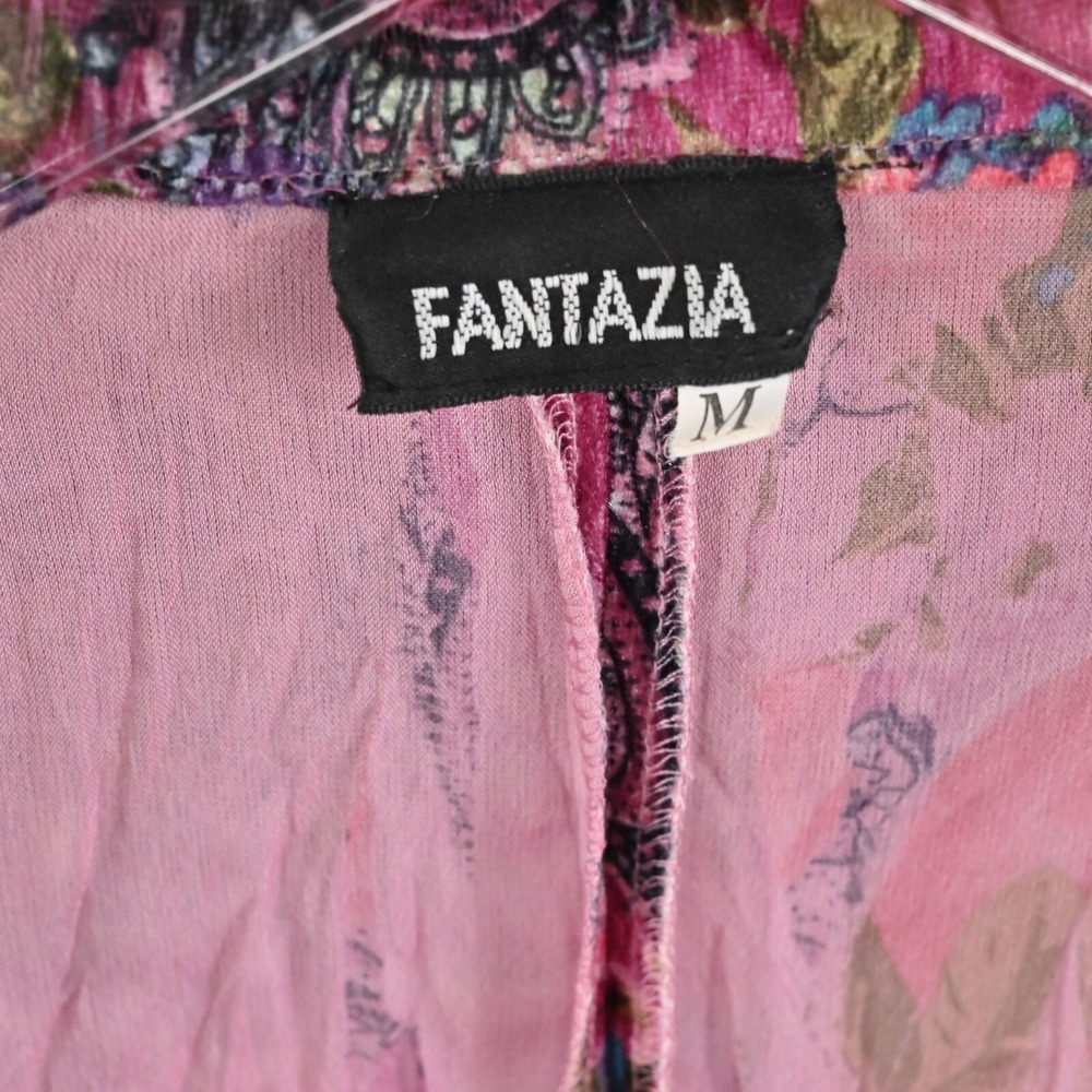 Vtg FANTAZIA Womens Velvet Jacket Size M Pink Floral Paisley Crinkle Ruffle Y2k - Picture 7 of 11